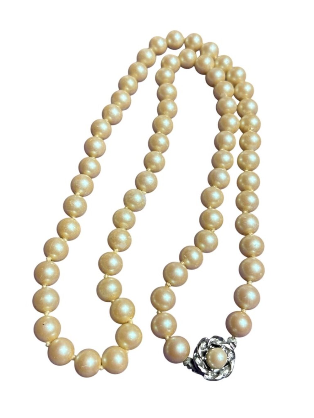 Vintage Glass Faux Pearl Necklace Knotted Silvertone Flower Clasp 24 inches Long
